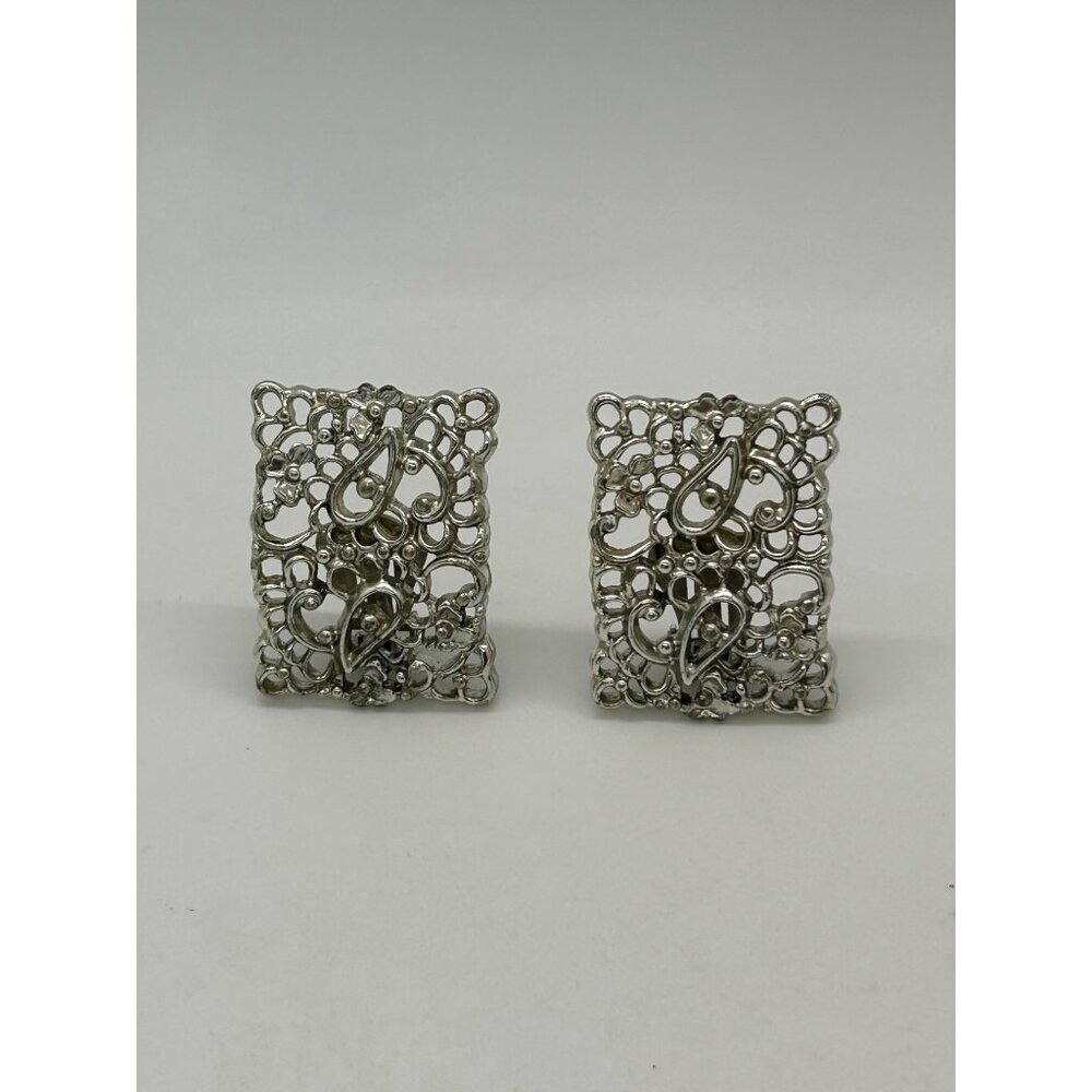 Silver-tone Statement Earring & Bracelet Set Paisley Filigree Panel Design - Picture 6 of 14